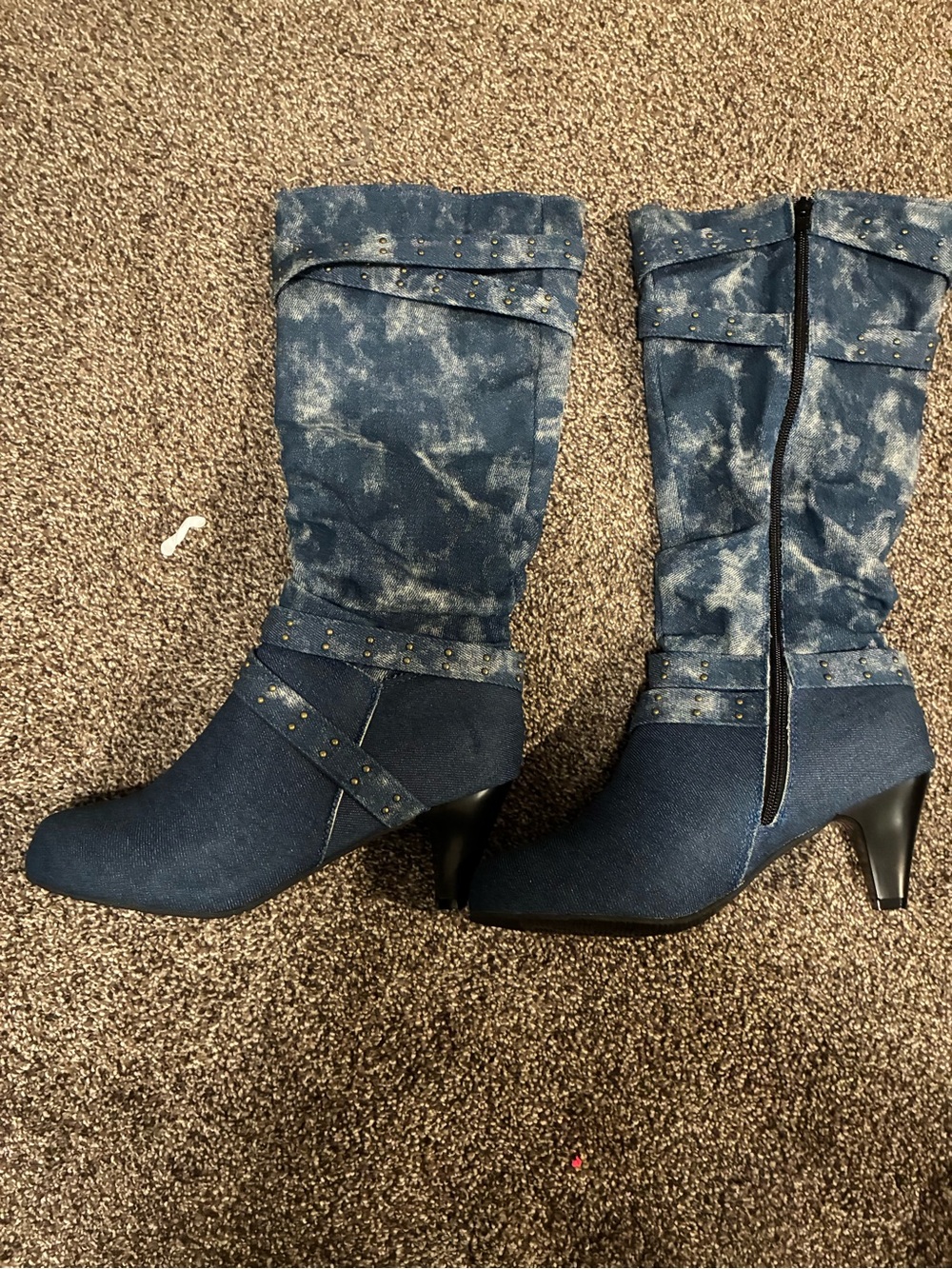 Women’s Denim-Effect Mid-Calf Heeled Boots - Blue Studded Design